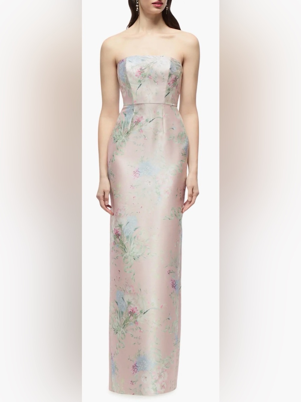 NEW Alfred Sung Jacqueline ESME Floral Pink Strapless Satin Twill Column Gown 14